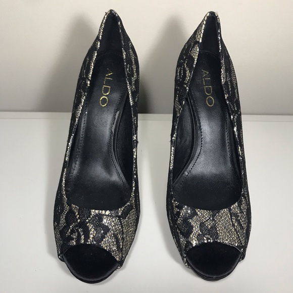 🛍 Aldo Black Lace Overlay Peep Toe Heels - Picture 3 of 8